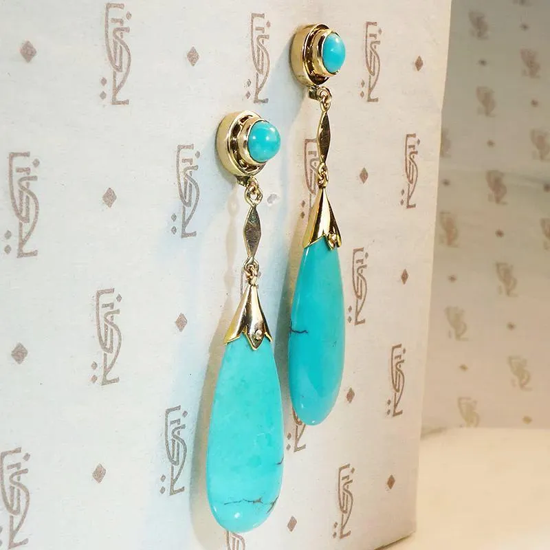 Sublime Deco Era Turquoise & Gold Drop Earrings