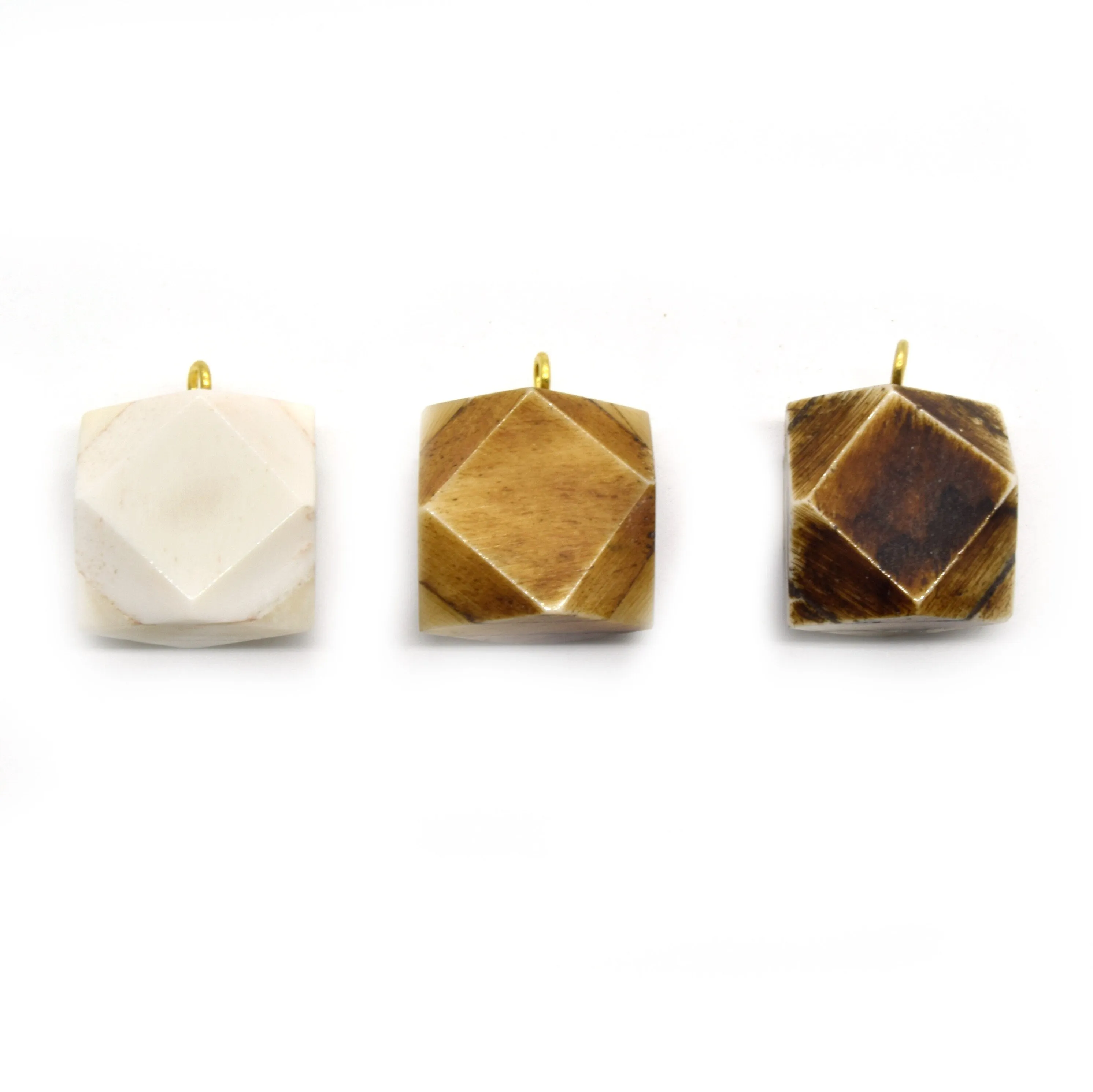 Thick Faceted Square Ox Bone Pendants | 22mm x 22mm | White and Brown Pendants
