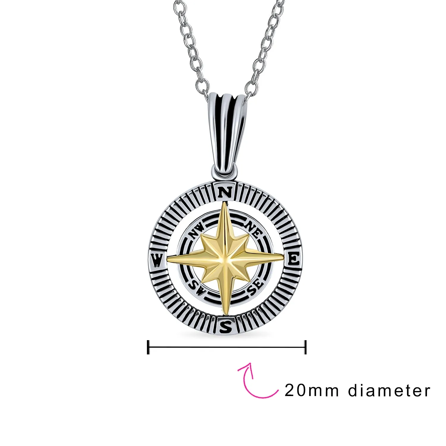 Unisex Viking Compass Pendant Necklace Two-Tone Sterling Silver with Chain