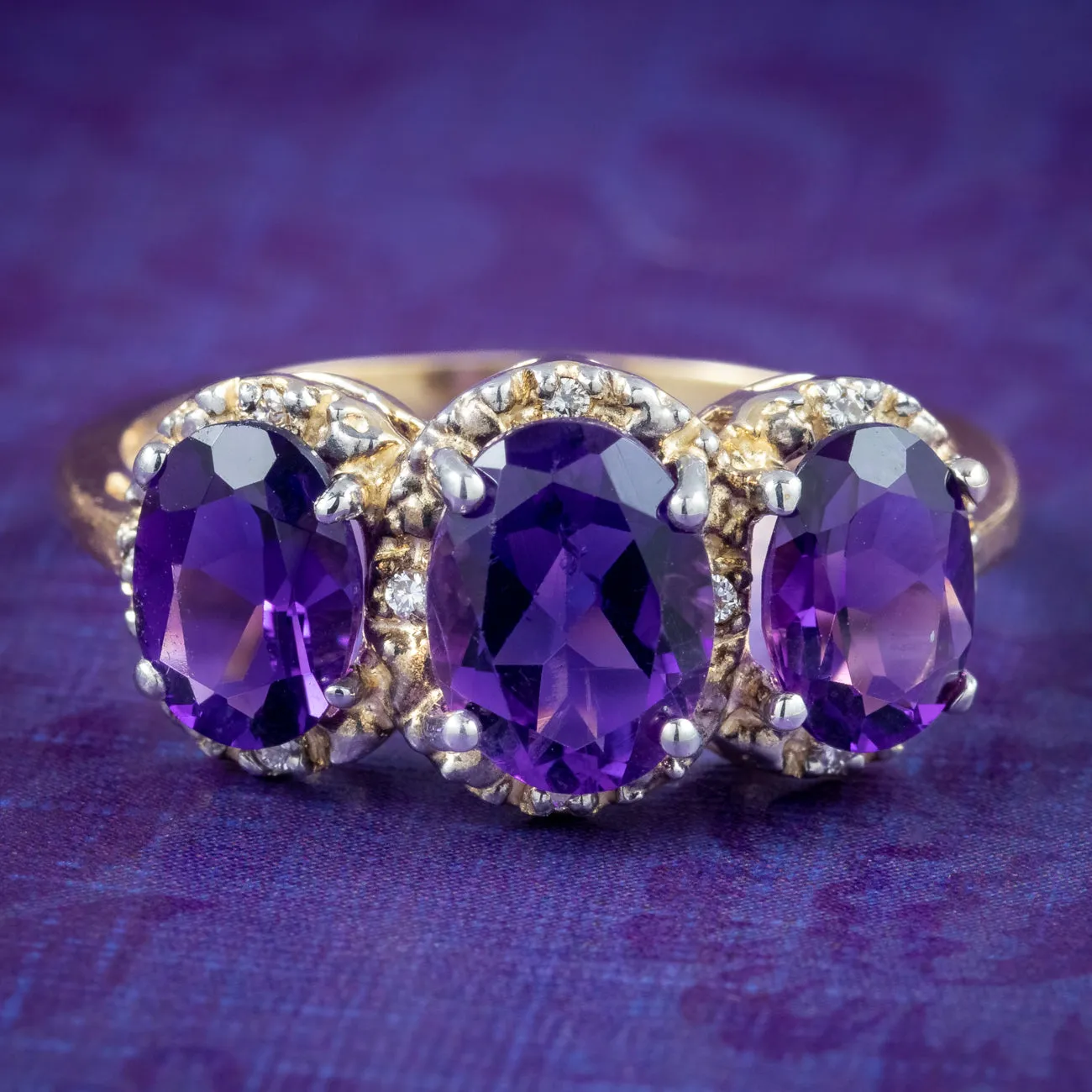 Victorian Style Amethyst Diamond Trilogy Ring