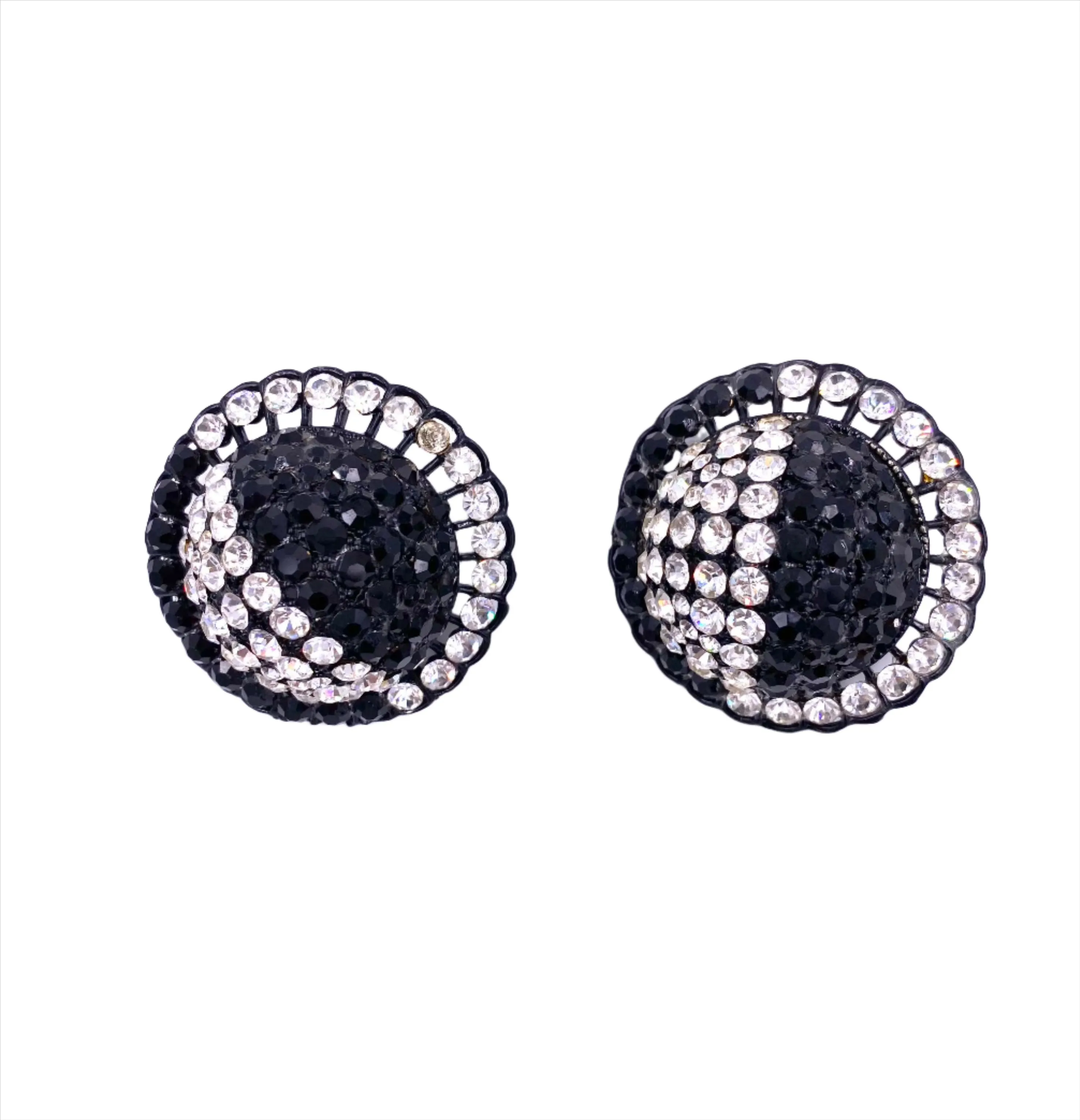 Vintage Black/White Round Crystal Clip-On Earrings