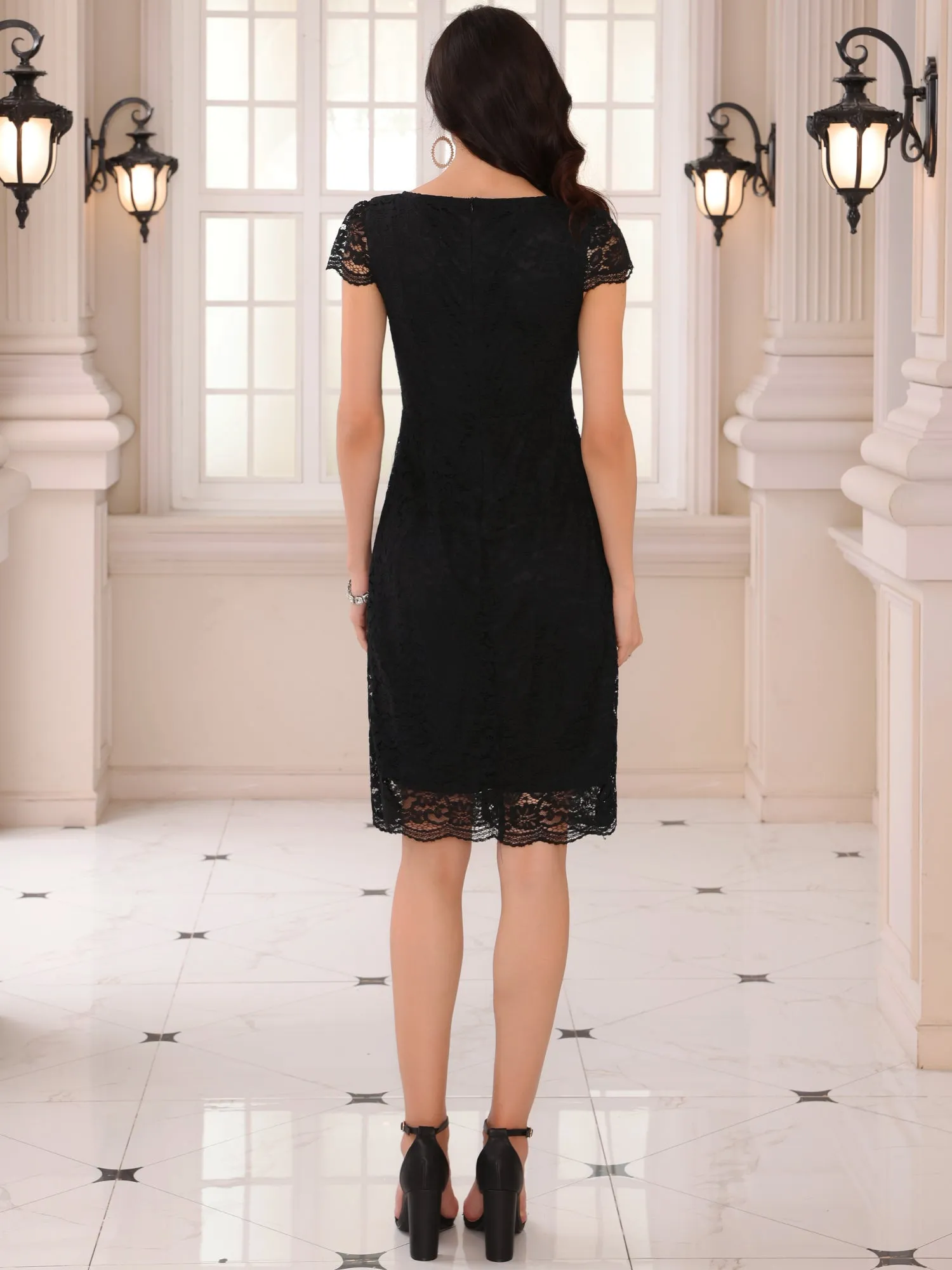 Women's Floral Lace Dress Cap Sleeve Boat Neck Cocktail Midi Wedding Guest Dresses
