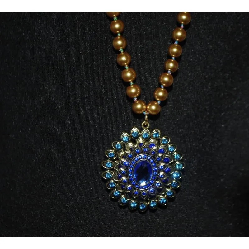 Yellow Glass Beads with Blue Pendants  Necklace