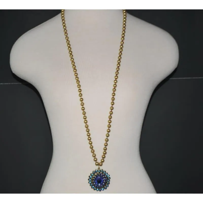 Yellow Glass Beads with Blue Pendants  Necklace